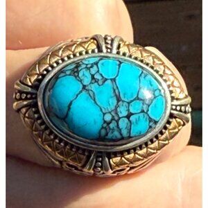 Spider Web Turquoise Turkish Sterling Silver Ring Size 8 Oval Stone Vintage Look